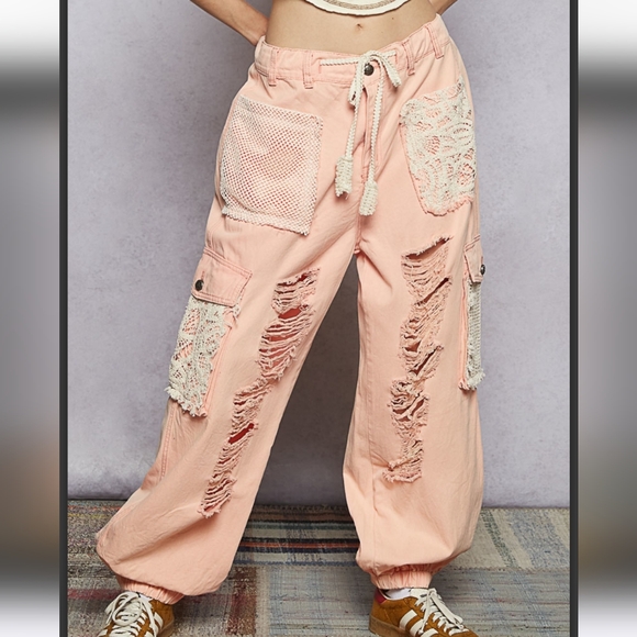 POL Boutique Peach Pink Distressed Patchwork Jogger Pant - Picture 1 of 8